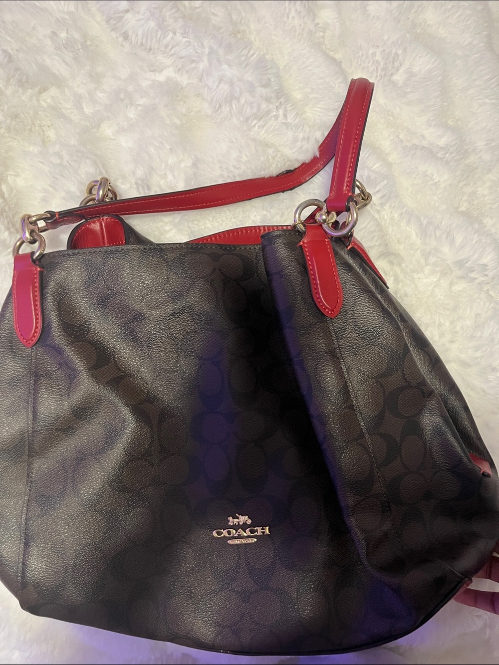 Coach Black Signature Canvas Shoulder Bag with Red Trim